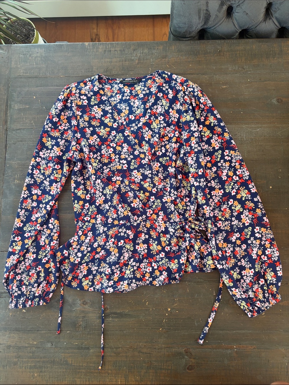 Banana Republic Navy Floral Wrap Top with Tie Waist